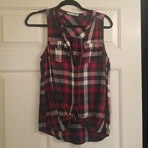 Plaid button up tank with tie detail